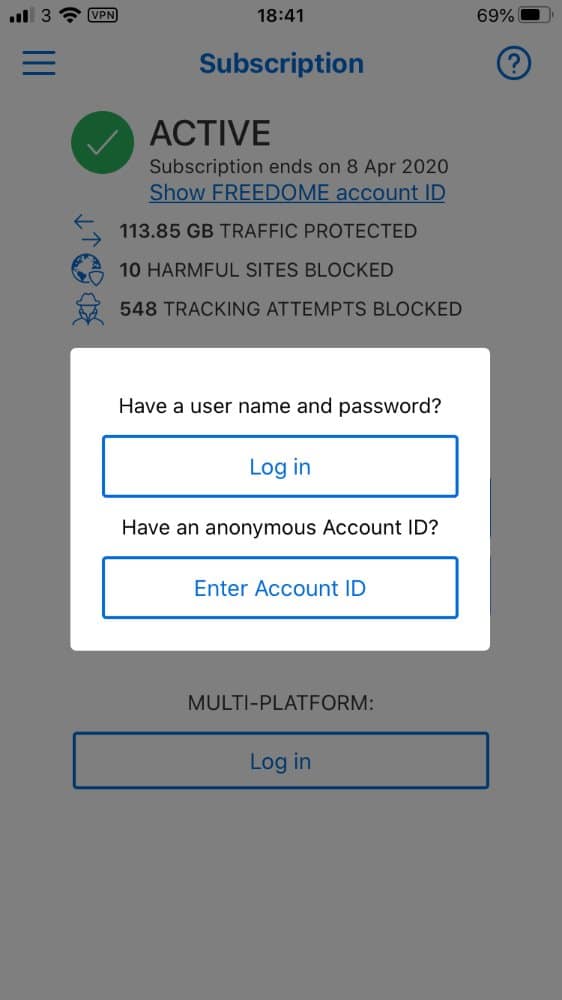 Freedome VPN activation screen for iPhone Freedome VPN activation screen for iPhone